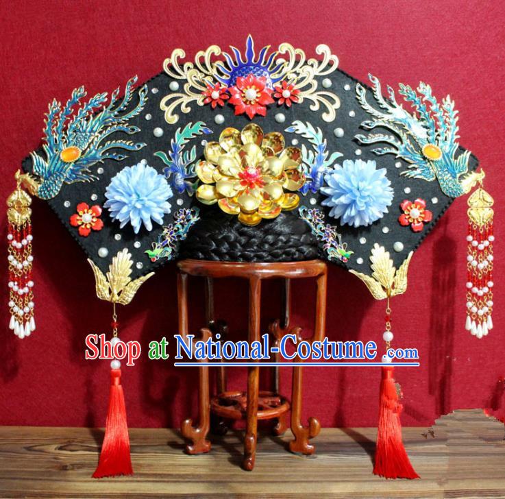 Chinese Ancient Imperial Consort Blueing Phoenix Coronet Hair Jewelry Traditional Handmade Hairpins Qing Dynasty Queen Hair Accessories Complete Set