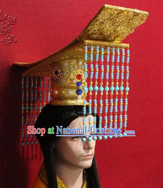 Traditional Chinese Ancient Emperor Blue Beads Tassel Hat Handmade Tang Dynasty Monarch Hair Accessories Golden Royal Crown for Men