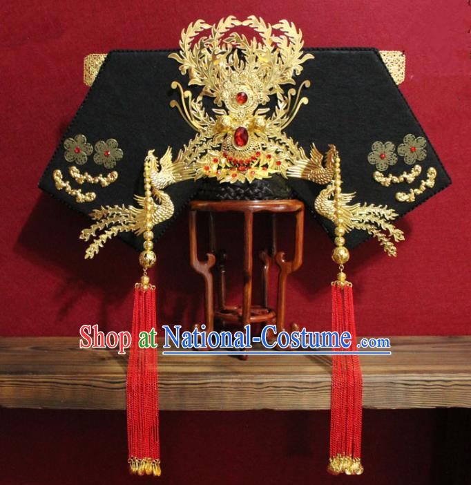 Chinese Ancient Imperial Consort Golden Phoenix Coronet Hair Jewelry Traditional Handmade Hairpins Qing Dynasty Queen Hair Accessories Complete Set