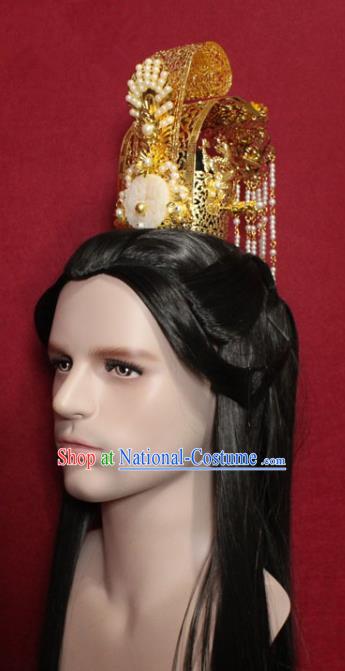 Traditional Chinese Ancient Prince Jade Hairdo Crown and Hairpin Handmade Ming Dynasty Noble Childe Pearls Tassel Hair Accessories for Men