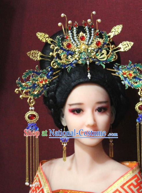 Chinese Ancient Imperial Consort Blueing Phoenix Coronet Hair Jewelry Traditional Handmade Tassel Hairpins Ming Dynasty Queen Hair Accessories Complete Set