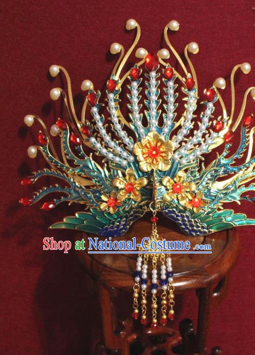 Traditional Chinese Handmade Blueing Phoenix Hairpins Ancient Ming Dynasty Imperial Consort Hair Accessories Hair Crown for Women