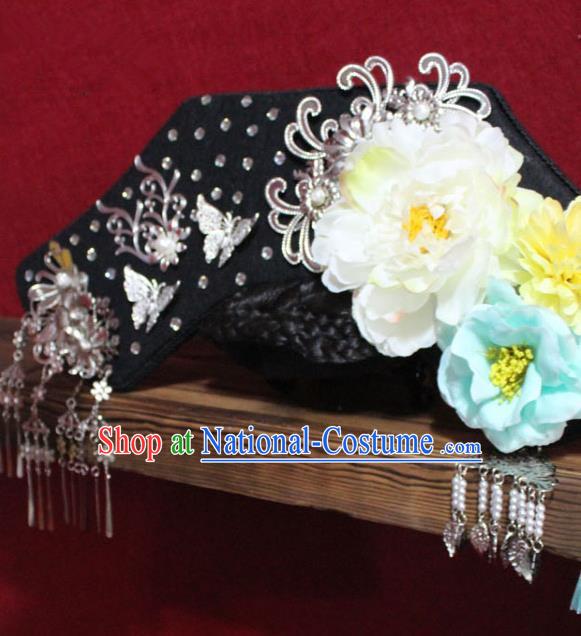 Chinese Ancient Imperial Consort White Peony Phoenix Coronet Hair Jewelry Traditional Handmade Hairpins Qing Dynasty Queen Hair Accessories Complete Set