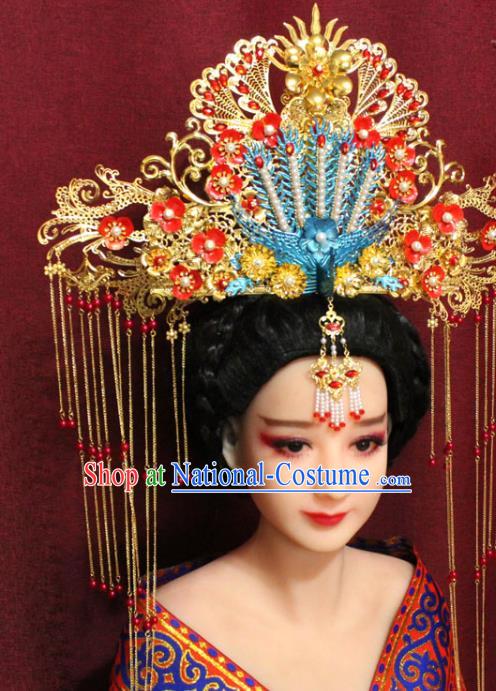 Chinese Ancient Imperial Consort Golden Phoenix Coronet Hair Jewelry Traditional Handmade Tassel Hairpins Ming Dynasty Queen Hair Accessories Complete Set