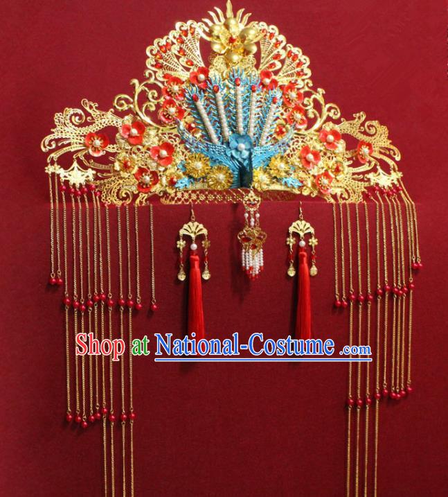 Chinese Ancient Imperial Consort Golden Phoenix Coronet Hair Jewelry Traditional Handmade Tassel Hairpins Ming Dynasty Queen Hair Accessories Complete Set