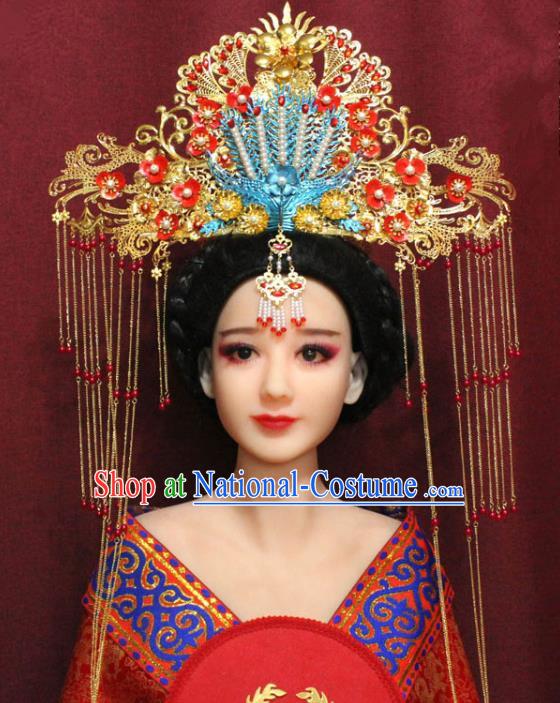 Chinese Ancient Imperial Consort Golden Phoenix Coronet Hair Jewelry Traditional Handmade Tassel Hairpins Ming Dynasty Queen Hair Accessories Complete Set