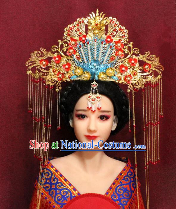 Chinese Ancient Imperial Consort Golden Phoenix Coronet Hair Jewelry Traditional Handmade Tassel Hairpins Ming Dynasty Queen Hair Accessories Complete Set