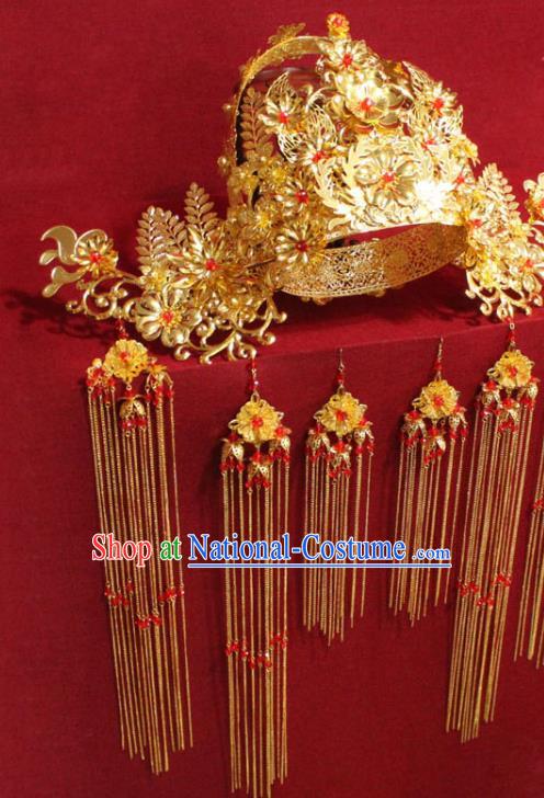 Chinese Ancient Imperial Consort Golden Flowers Phoenix Coronet Hair Jewelry Traditional Handmade Tassel Hairpins Ming Dynasty Hair Accessories Complete Set