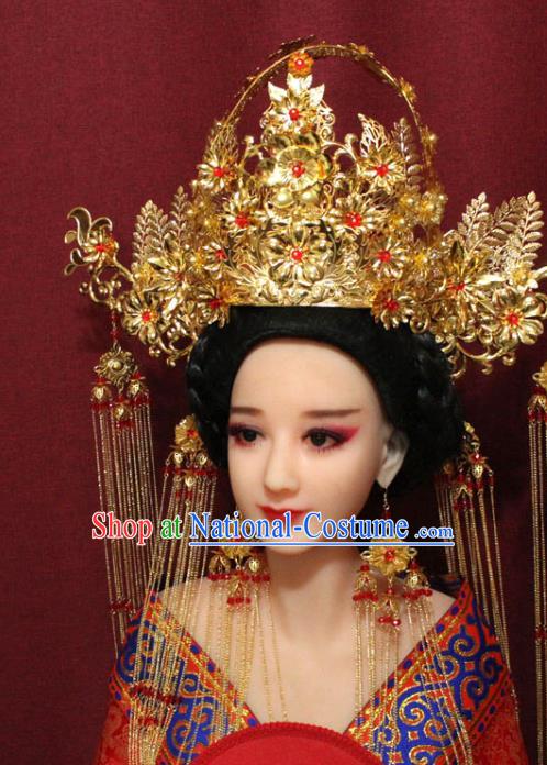 Chinese Ancient Imperial Consort Golden Flowers Phoenix Coronet Hair Jewelry Traditional Handmade Tassel Hairpins Ming Dynasty Hair Accessories Complete Set