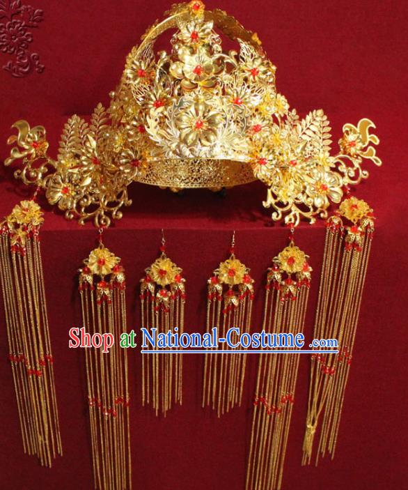 Chinese Ancient Imperial Consort Golden Flowers Phoenix Coronet Hair Jewelry Traditional Handmade Tassel Hairpins Ming Dynasty Hair Accessories Complete Set