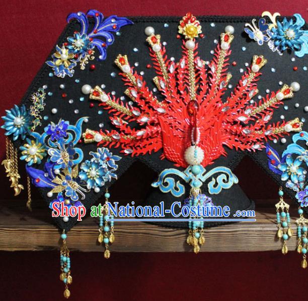 Chinese Ancient Imperial Consort Red Phoenix Coronet Hair Jewelry Traditional Handmade Hairpins Qing Dynasty Queen Hair Accessories Complete Set