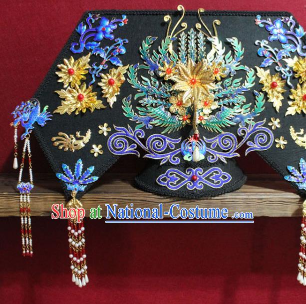 Chinese Ancient Imperial Consort Cloisonne Phoenix Coronet Hair Jewelry Traditional Handmade Hairpins Qing Dynasty Queen Hair Accessories Complete Set