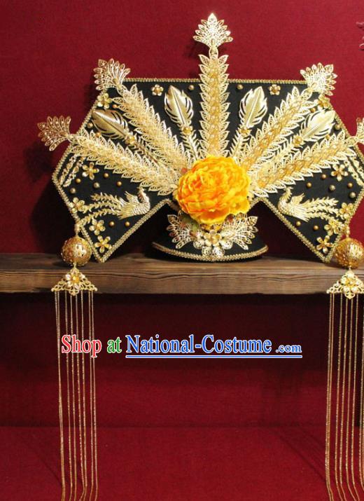 Chinese Ancient Imperial Consort Golden Peony Phoenix Coronet Hair Jewelry Traditional Handmade Hairpins Qing Dynasty Queen Hair Accessories Complete Set