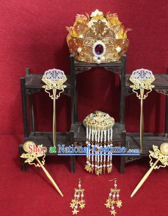 Traditional Chinese Ancient Empress Golden Phoenix Coronet Lotus Hair Crown Handmade Hair Jewelry Jade Hairpins Hair Accessories for Women