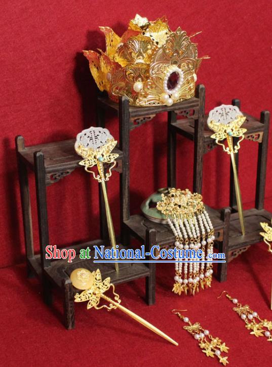 Traditional Chinese Ancient Empress Golden Phoenix Coronet Lotus Hair Crown Handmade Hair Jewelry Jade Hairpins Hair Accessories for Women