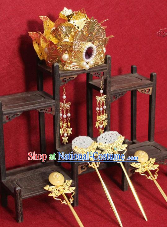 Traditional Chinese Ancient Empress Golden Phoenix Coronet Lotus Hair Crown Handmade Hair Jewelry Jade Hairpins Hair Accessories for Women