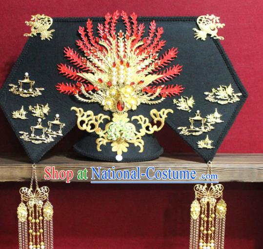 Chinese Ancient Imperial Consort Pearls Golden Phoenix Coronet Hair Jewelry Traditional Handmade Hairpins Qing Dynasty Queen Hair Accessories Complete Set