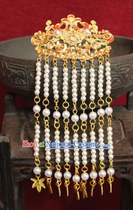 Traditional Chinese Handmade Pearls Tassel Hair Clip Ancient Queen Golden Hairpin Hair Accessories for Women