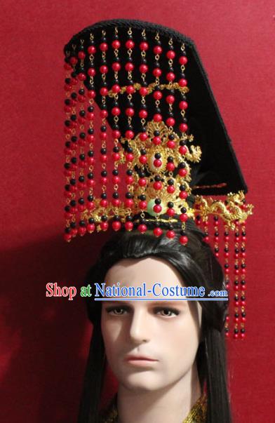 Traditional Chinese Ancient Emperor Beads Tassel Hat Handmade Han Dynasty Monarch Hair Accessories Black Royal Crown for Men