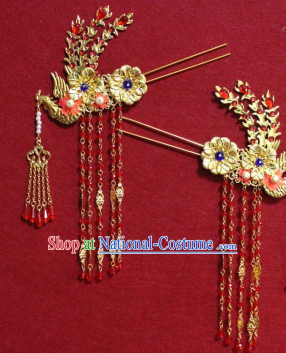 Traditional Chinese Handmade Golden Phoenix Tassel Hair Clip Ancient Queen Hairpin Hair Accessories for Women