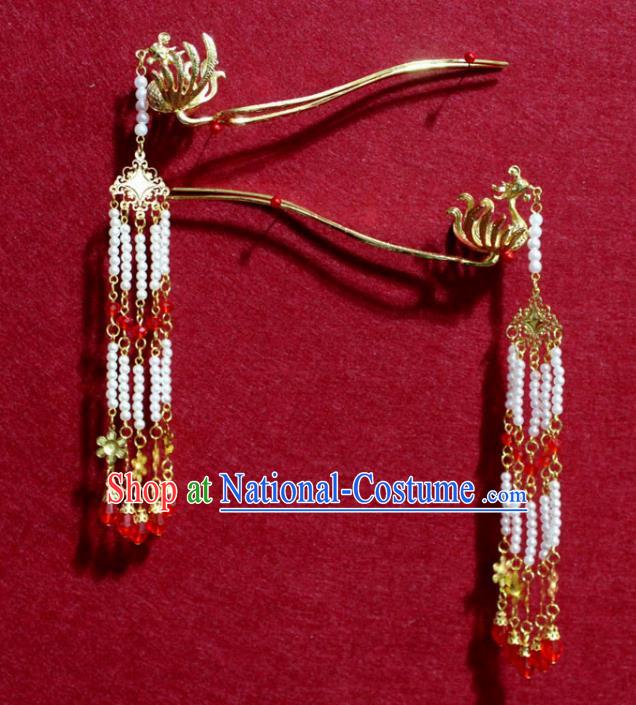 Traditional Chinese Handmade Beads Tassel Phoenix Tassel Hair Clip Ancient Queen Golden Hairpin Hair Accessories for Women