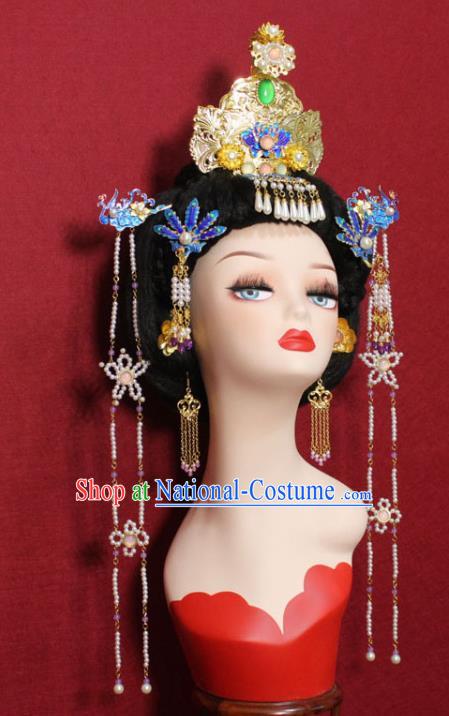 Traditional Chinese Ancient Queen Cloisonne Phoenix Coronet Hair Crown Handmade Hair Jewelry Hairpins Golden Hair Accessories for Women