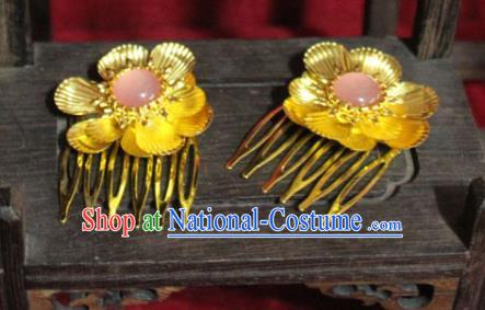 Traditional Chinese Handmade Golden Flower Hair Combs Ancient Queen Hairpin Hair Accessories for Women