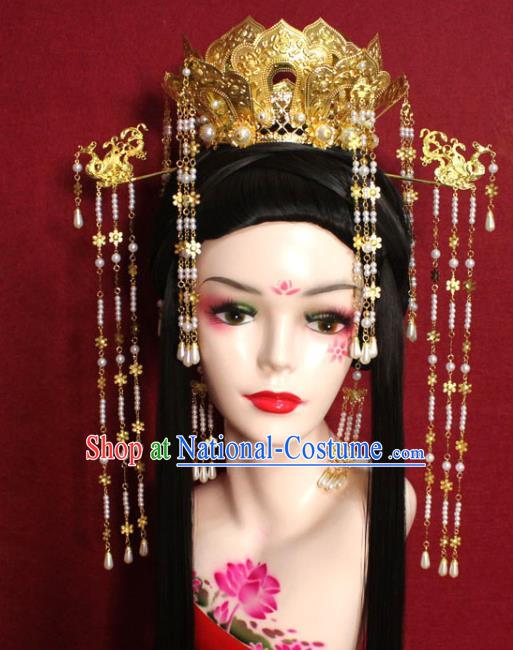 Traditional Chinese Ancient Queen Pearls Tassel Phoenix Coronet Hair Crown Handmade Hair Jewelry Hairpins Golden Lotus Hair Accessories for Women