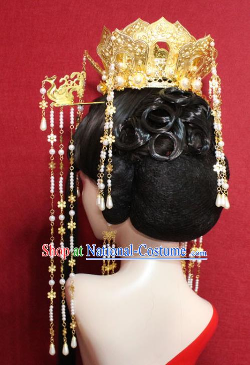 Traditional Chinese Ancient Queen Pearls Tassel Phoenix Coronet Hair Crown Handmade Hair Jewelry Hairpins Golden Lotus Hair Accessories for Women