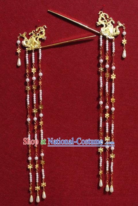 Traditional Chinese Handmade Golden Phoenix Hair Clips Ancient Queen Pearls Tassel Hairpin Hair Accessories for Women