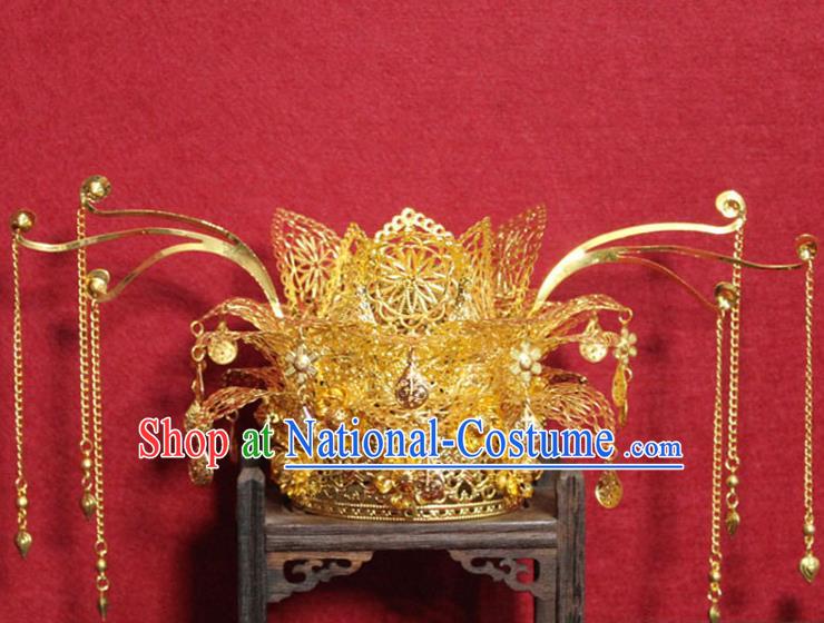 Traditional Chinese Ancient Empress Hair Accessories Golden Tassel Phoenix Coronet Handmade Hair Jewelry Hair Fascinators for Women