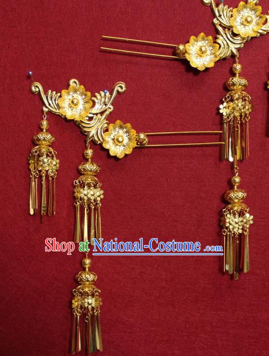 Traditional Chinese Handmade Golden Flowers Tassel Hair Clip Ancient Queen Hair Accessories Hairpin for Women