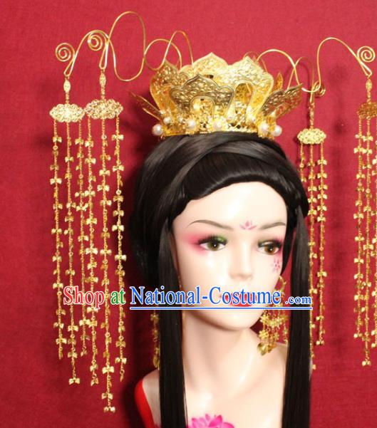 Traditional Chinese Ancient Empress Hair Accessories Golden Lotus Tassel Phoenix Coronet Handmade Hair Jewelry Hair Fascinators for Women