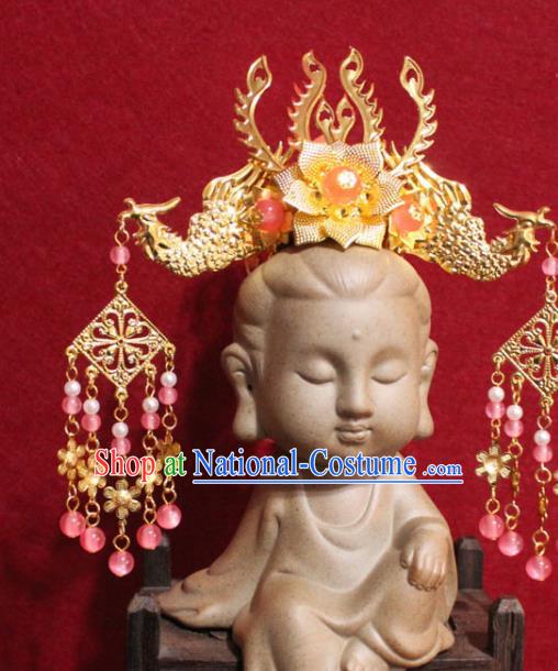 Traditional Chinese Handmade Buddhist Statues Golden Phoenix Hair Crown Tassel Hair Accessories