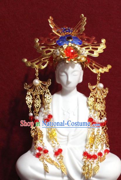 Traditional Chinese Handmade Buddhist Statues Cloisonne Lotus Phoenix Hair Crown Golden Tassel Hair Accessories