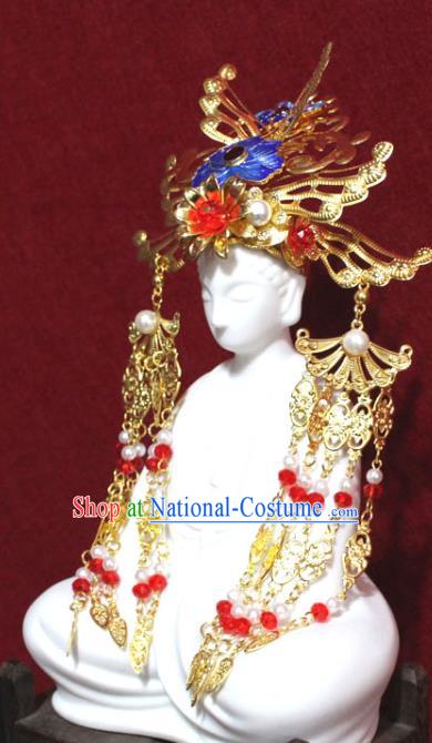 Traditional Chinese Handmade Buddhist Statues Cloisonne Lotus Phoenix Hair Crown Golden Tassel Hair Accessories