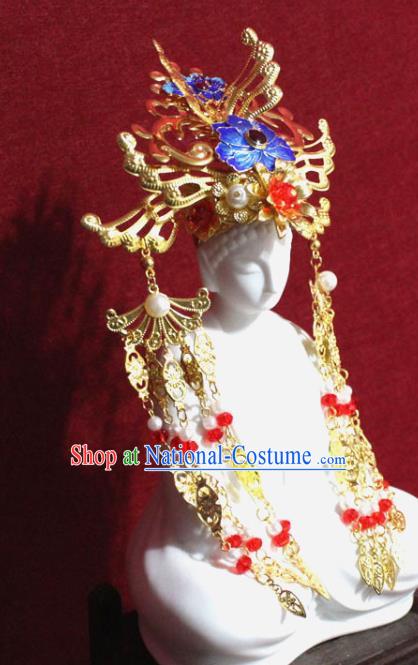 Traditional Chinese Handmade Buddhist Statues Cloisonne Lotus Phoenix Hair Crown Golden Tassel Hair Accessories