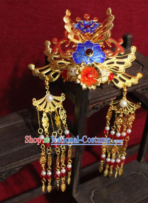 Traditional Chinese Handmade Buddhist Statues Cloisonne Lotus Phoenix Hair Crown Golden Tassel Hair Accessories