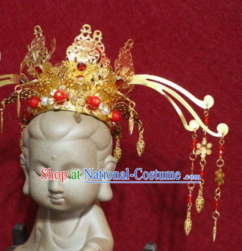 Traditional Chinese Handmade Buddhist Statues Phoenix Hair Crown Red Crystal Hair Accessories