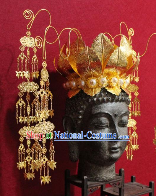 Traditional Chinese Handmade Golden Lotus Hair Crown Buddhist Statues Tassel Hairpins Hair Accessories Headwear