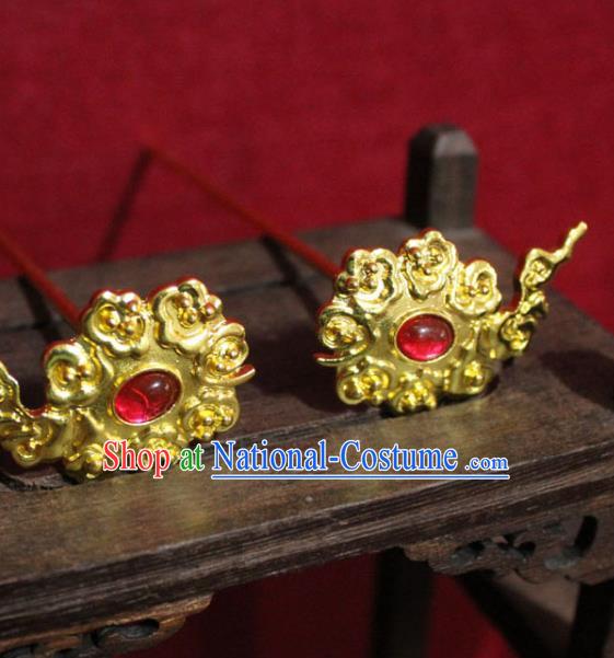 Traditional Chinese Handmade Garnet Hair Clips Ancient Queen Golden Hairpin Hair Accessories for Women