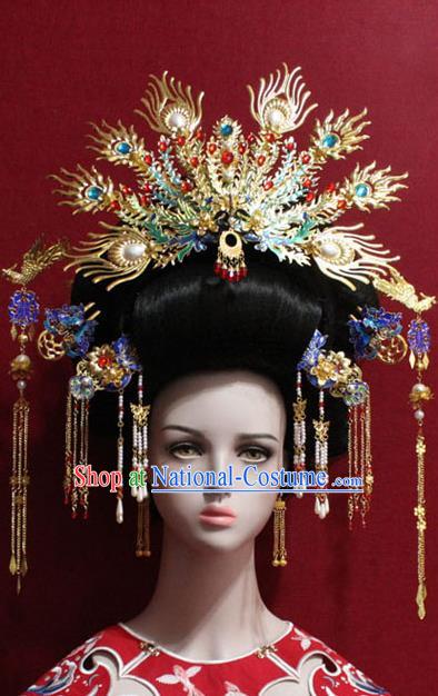 Traditional Chinese Ancient Queen Phoenix Coronet Handmade Hair Jewelry Cloisonne Hairpins Hair Accessories Complete Set