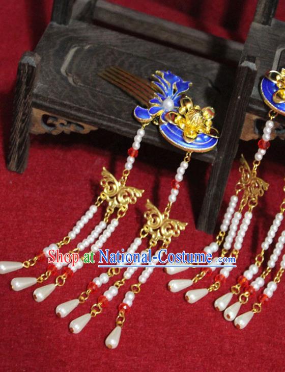 Traditional Chinese Handmade Cloisonne Hair Combs Ancient Queen Pearls Tassel Hairpins Hair Accessories Headwear for Women