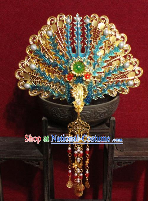 Traditional Chinese Handmade Cloisonne Phoenix Hair Crown Ancient Queen Golden Tassel Hairpins Hair Accessories Court Headwear for Women