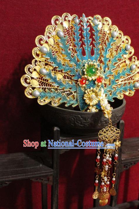 Traditional Chinese Handmade Cloisonne Phoenix Hair Crown Ancient Queen Golden Tassel Hairpins Hair Accessories Court Headwear for Women