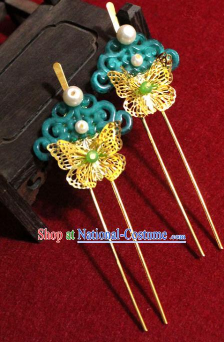 Traditional Chinese Handmade Jade Hair Clip Ancient Queen Hair Accessories Golden Butterfly Hairpins Headwear for Women