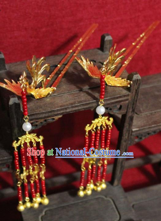 Traditional Chinese Handmade Red Beads Tassel Hairpin Ancient Queen Golden Phoenix Hairpin Hair Accessories for Women