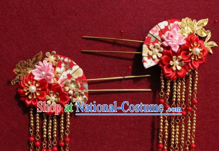 Traditional Chinese Handmade Silk Flowers Hair Clips Ancient Tang Dynasty Empress Tassel Hairpin Hair Accessories Headwear for Women