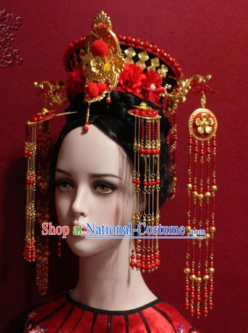 Traditional Chinese Ancient Imperial Consort Red Beads Tassel Phoenix Coronet Handmade Hair Jewelry Hairpins Hair Accessories Complete Set