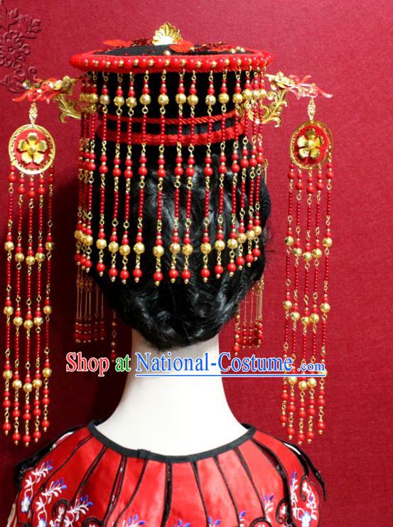 Traditional Chinese Ancient Imperial Consort Red Beads Tassel Phoenix Coronet Handmade Hair Jewelry Hairpins Hair Accessories Complete Set